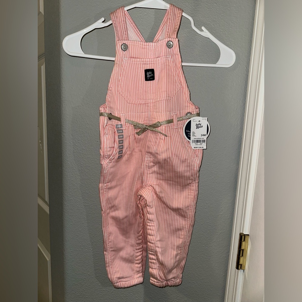 NWT OshKosh B’gosh Pink Striped Kids Overalls with gold glitter ribbon belt